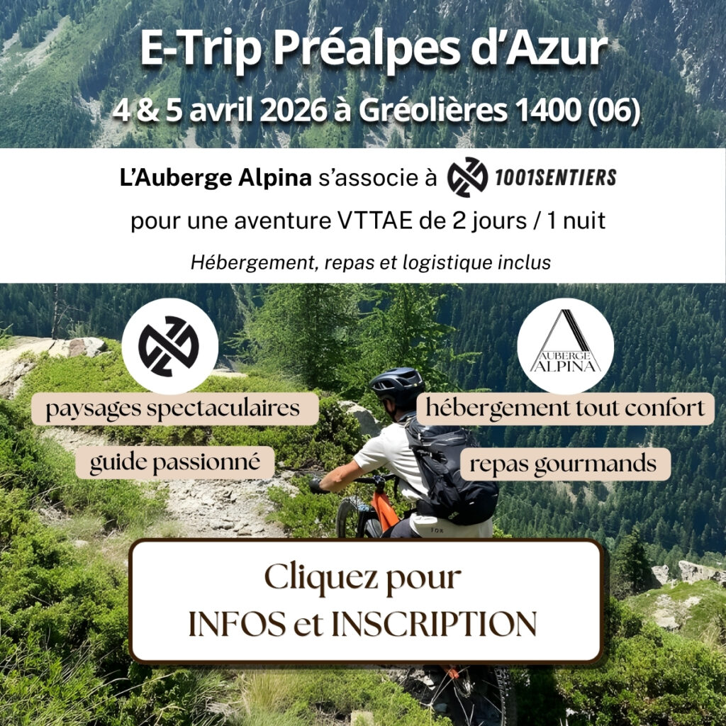 Pop-up Auberge Alpina annonçant l’E-Trip Préalpes d’Azur des 4 et 5 avril 2026 en partenariat avec 1001sentiers