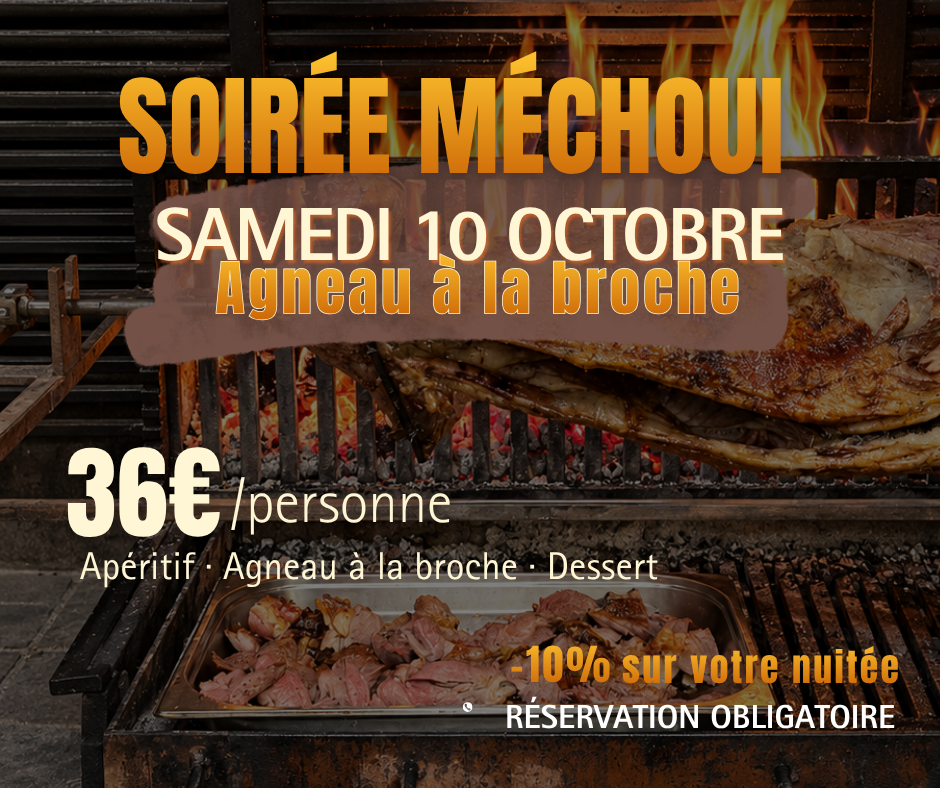 L'auberge Alpina prépare une soirée méchoui le samedi 10 octobre au soir, les prix sont de 36 euros par personne et vous bénéficiez de -10% sur votre nuitée grâce à cette soirée.