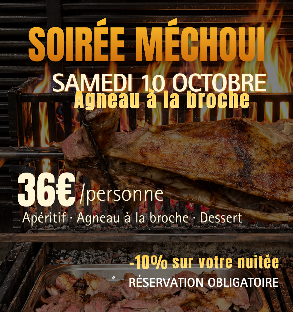 L'auberge Alpina prépare une soirée méchoui le samedi 10 octobre au soir, les prix sont de 36 euros par personne et vous bénéficiez de -10% sur votre nuitée grâce à cette soirée.
